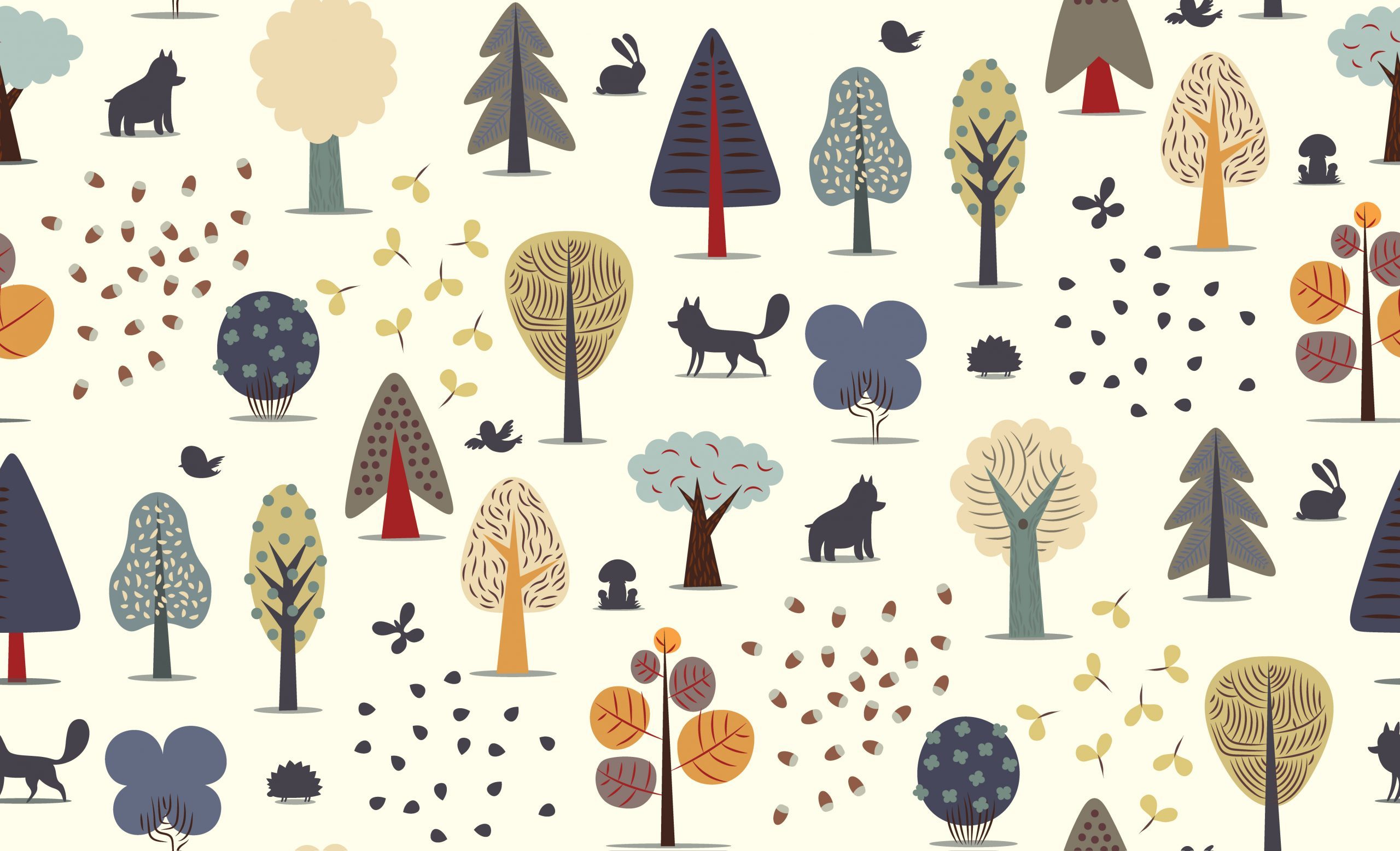 The vector illustrated seamless pattern of flat forest elements - various trees, wild animals and seeds.