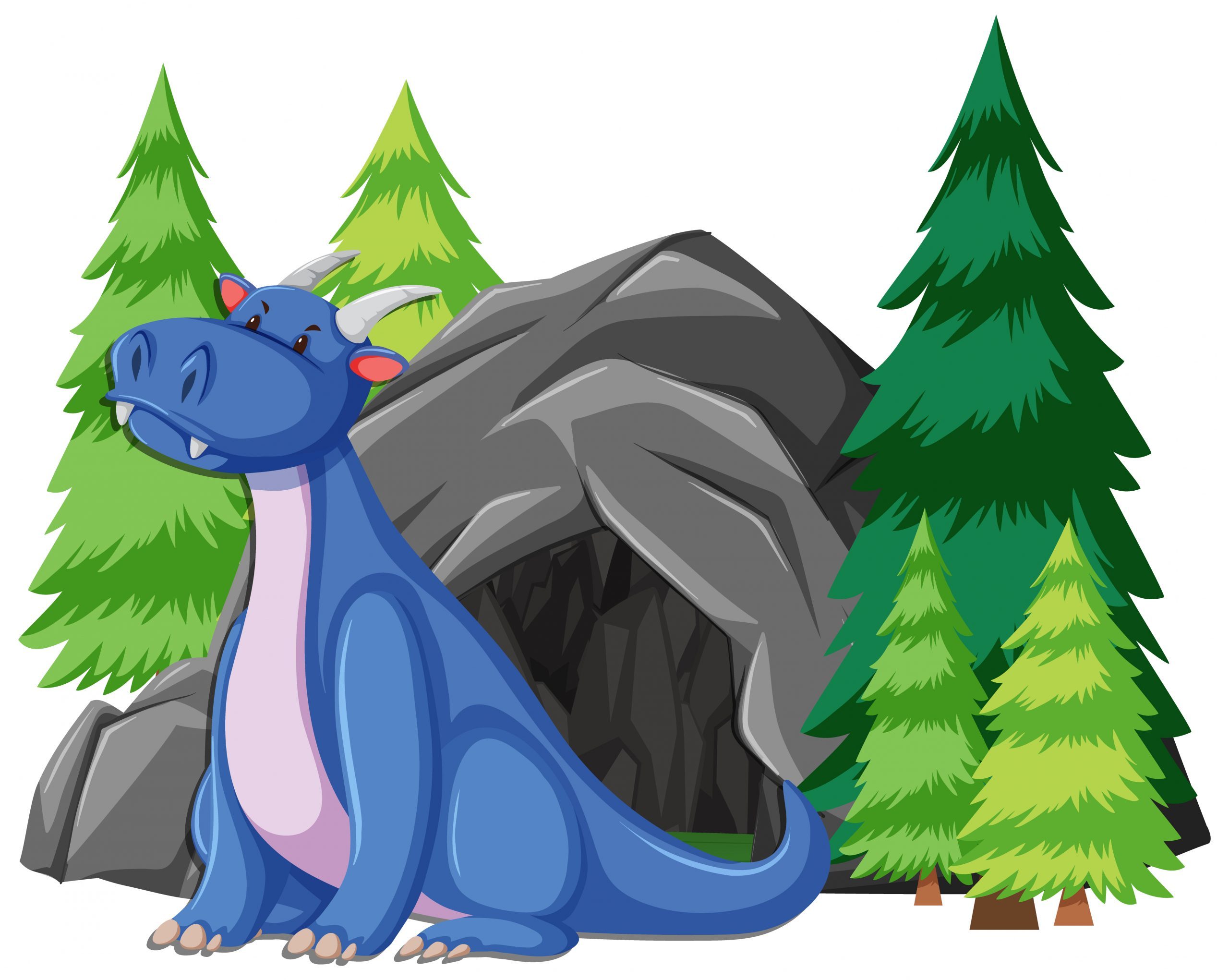 Blue dragon sitting in front of big cave illustration