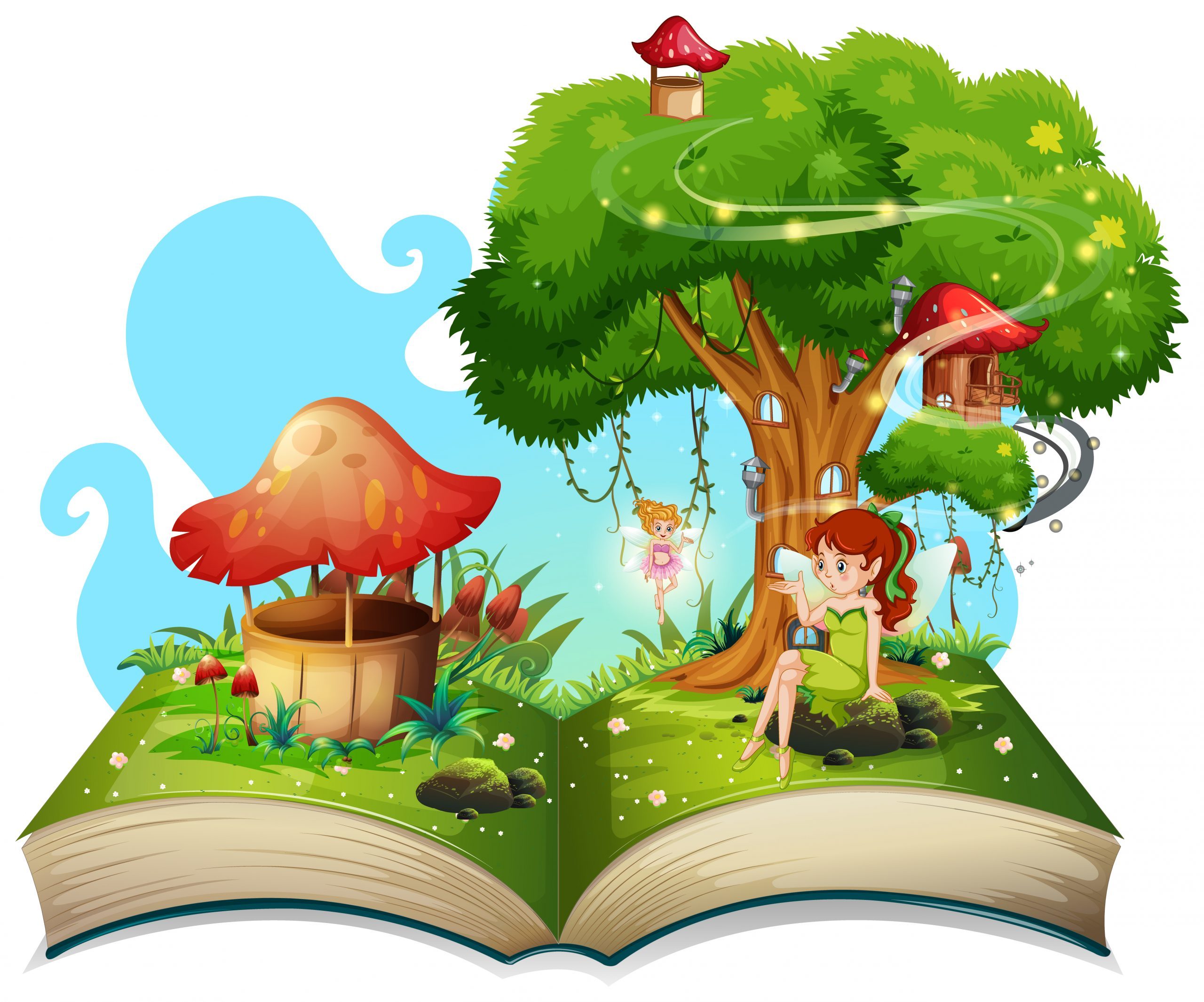 Book with fairies flying in garden illustration