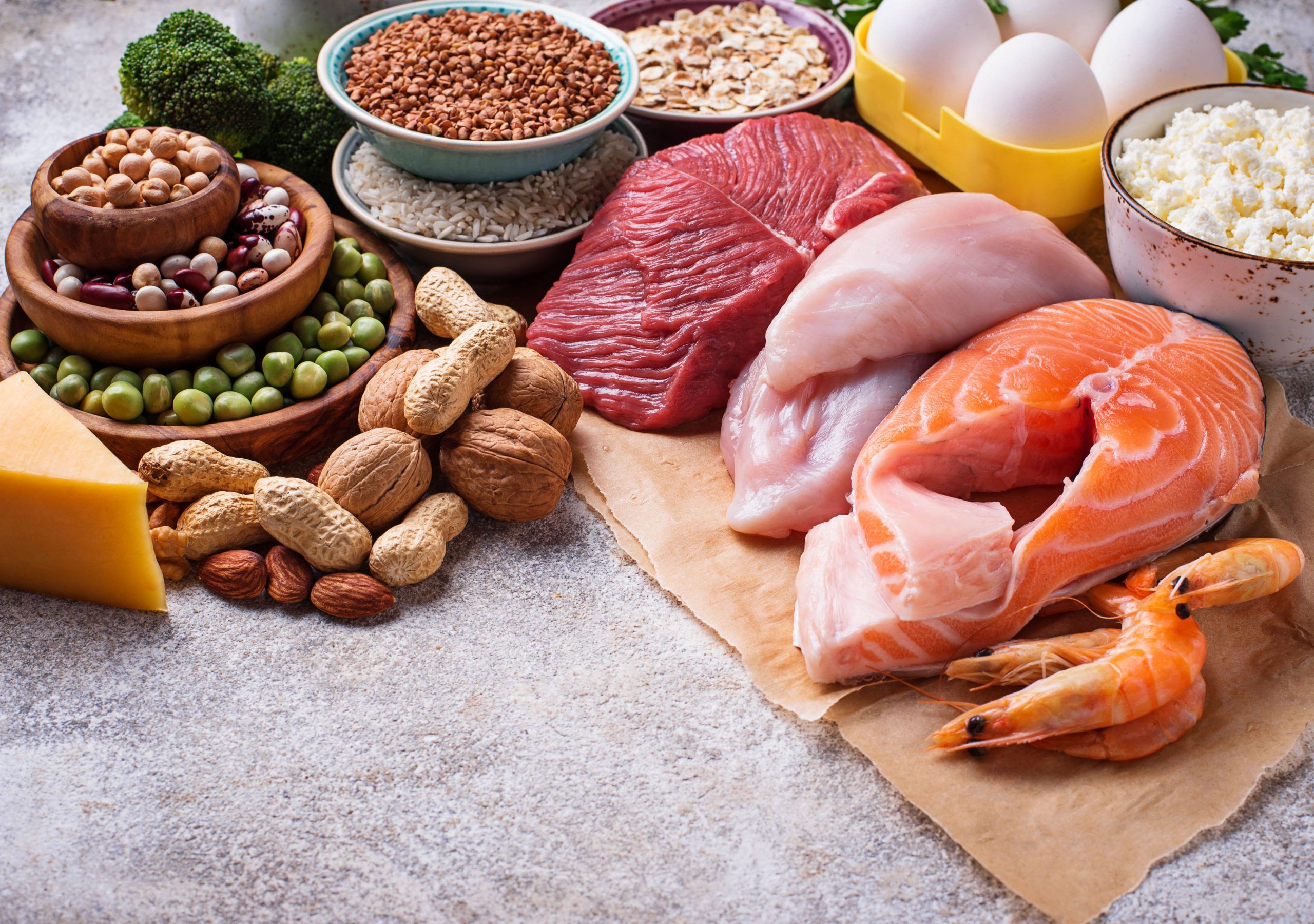 Healthy food high in protein. Meat, fish, dairy products, nuts and beans